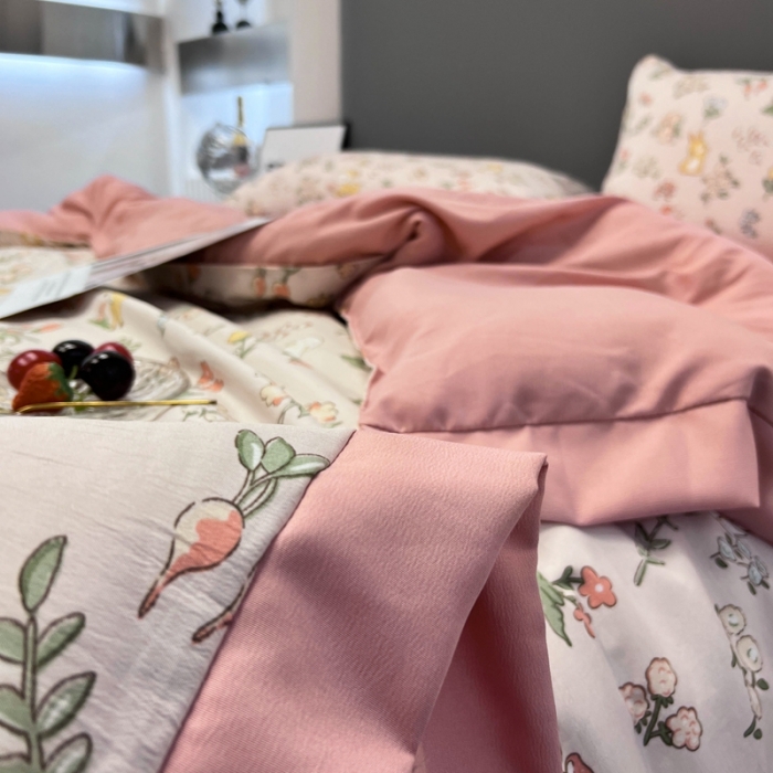 91家纺网 家纺一手货源 找家纺 慕尚 2025新款水洗棉麻夏被四件套 花丛兔