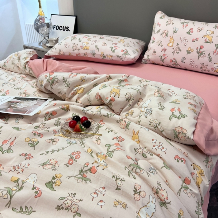 91家纺网 家纺一手货源 找家纺 慕尚 2025新款水洗棉麻夏被四件套 花丛兔