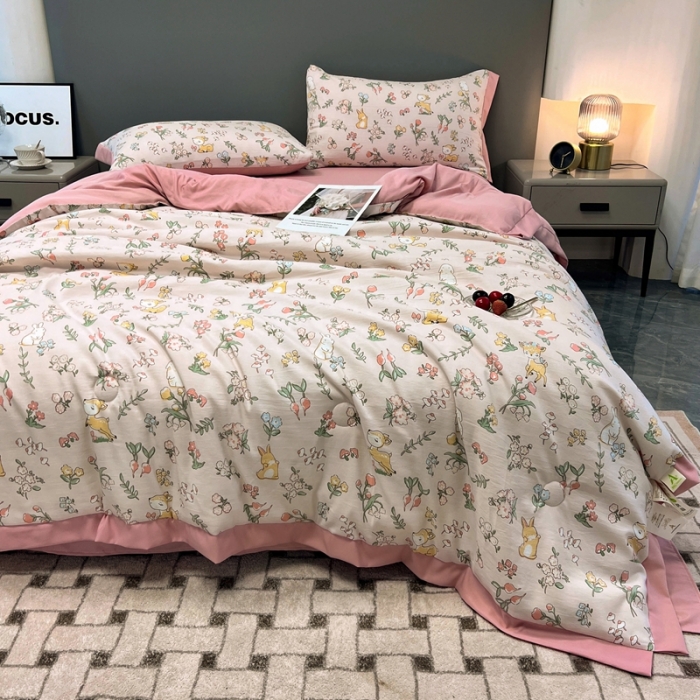 91家纺网 家纺一手货源 找家纺 慕尚 2025新款水洗棉麻夏被四件套 花丛兔