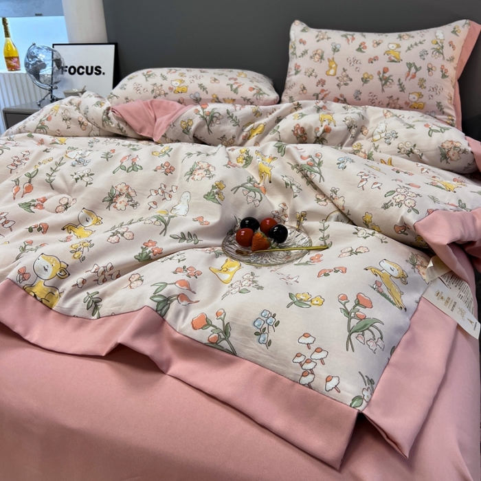 91家纺网 家纺一手货源 找家纺 慕尚 2025新款水洗棉麻夏被四件套 花丛兔