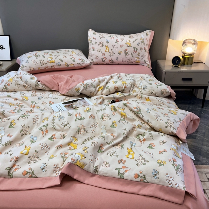 91家纺网 家纺一手货源 找家纺 慕尚 2025新款水洗棉麻夏被四件套 花丛兔