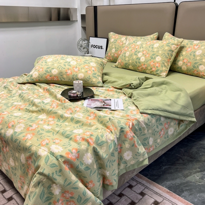 91家纺网 家纺一手货源 找家纺 慕尚 2025新款水洗棉麻夏被四件套 花开半夏