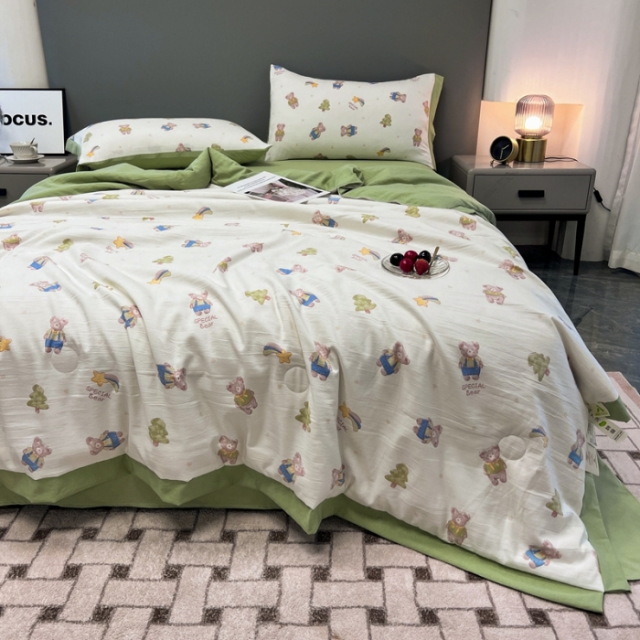 91家纺网 家纺一手货源 找家纺 慕尚 2025新款水洗棉麻夏被四件套 萌萌可爱熊