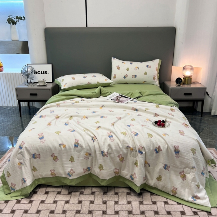 91家纺网 家纺一手货源 找家纺 慕尚 2025新款水洗棉麻夏被四件套 萌萌可爱熊