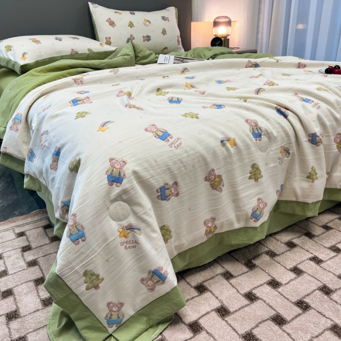 91家纺网 家纺一手货源 找家纺 慕尚 2025新款水洗棉麻夏被四件套 萌萌可爱熊