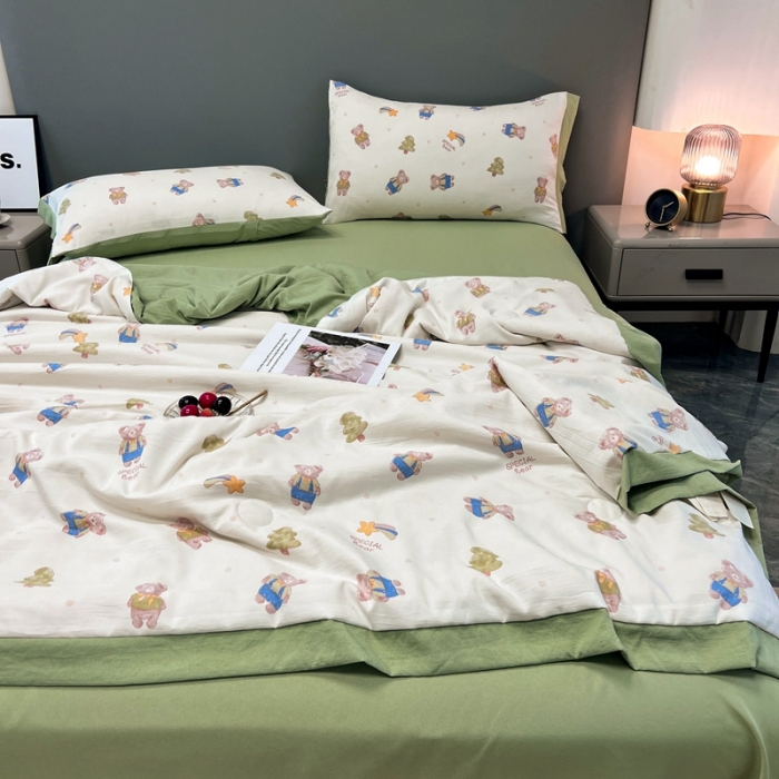91家纺网 家纺一手货源 找家纺 慕尚 2025新款水洗棉麻夏被四件套 萌萌可爱熊