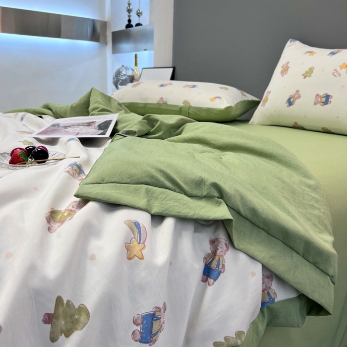 91家纺网 家纺一手货源 找家纺 慕尚 2025新款水洗棉麻夏被四件套 萌萌可爱熊