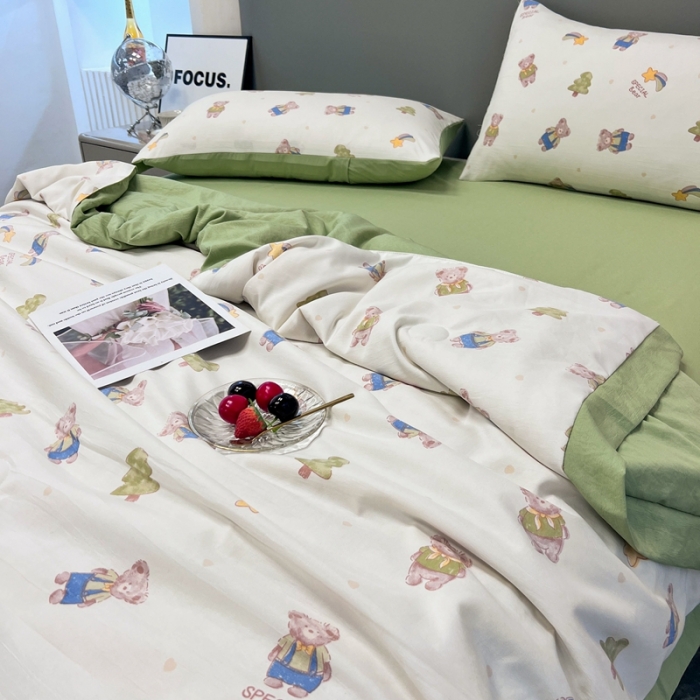 91家纺网 家纺一手货源 找家纺 慕尚 2025新款水洗棉麻夏被四件套 萌萌可爱熊