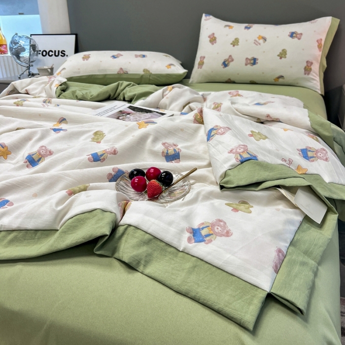 91家纺网 家纺一手货源 找家纺 慕尚 2025新款水洗棉麻夏被四件套 萌萌可爱熊