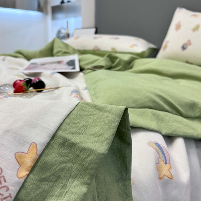 91家纺网 家纺一手货源 找家纺 慕尚 2025新款水洗棉麻夏被四件套 萌萌可爱熊