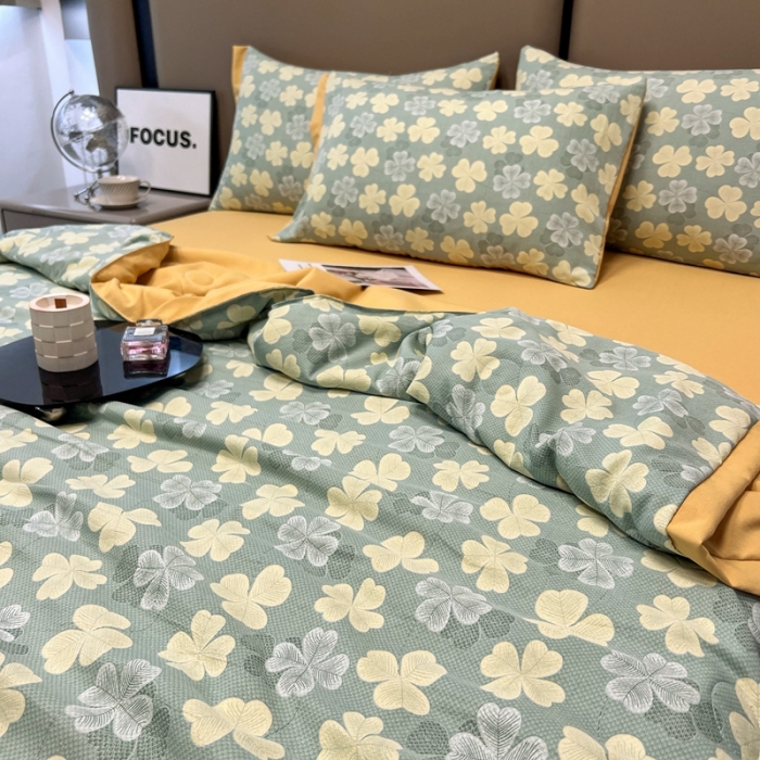 91家纺网 家纺一手货源 找家纺 慕尚 2025新款水洗棉麻夏被四件套 四叶草