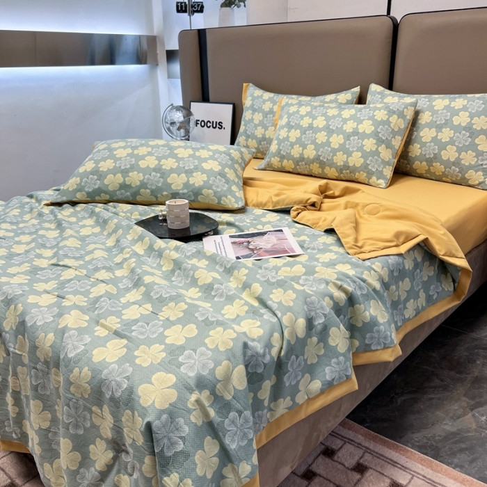 91家纺网 家纺一手货源 找家纺 慕尚 2025新款水洗棉麻夏被四件套 四叶草