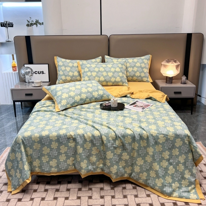 91家纺网 家纺一手货源 找家纺 慕尚 2025新款水洗棉麻夏被四件套 四叶草