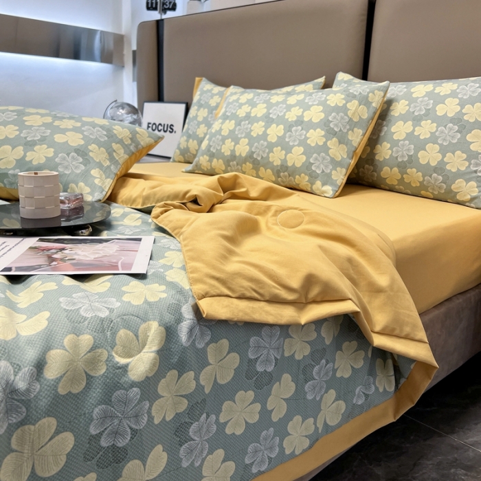 91家纺网 家纺一手货源 找家纺 慕尚 2025新款水洗棉麻夏被四件套 四叶草