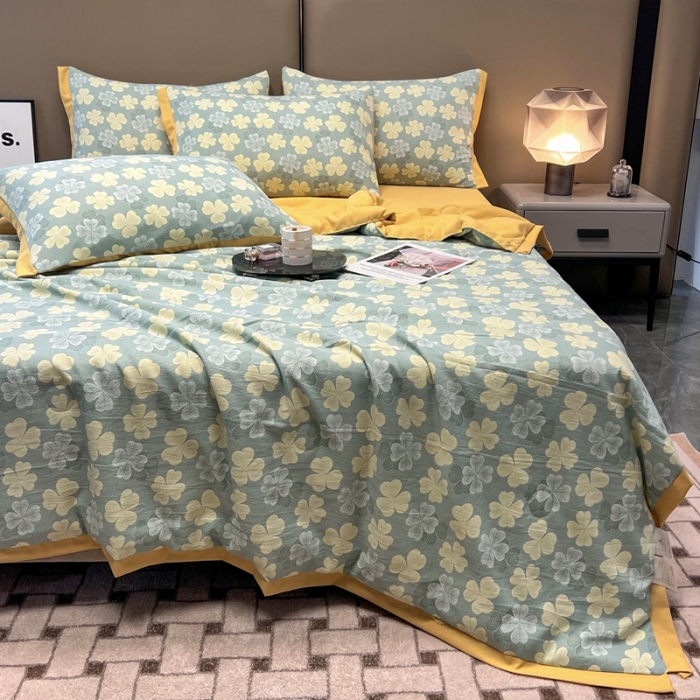 91家纺网 家纺一手货源 找家纺 慕尚 2025新款水洗棉麻夏被四件套 四叶草