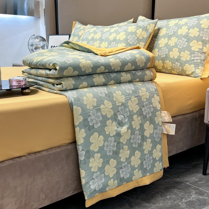 91家纺网 家纺一手货源 找家纺 慕尚 2025新款水洗棉麻夏被四件套 四叶草