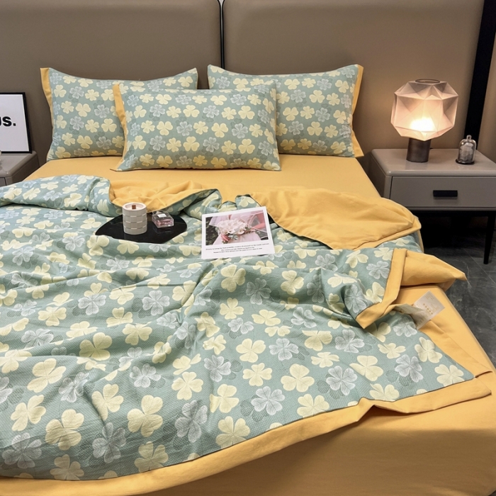 91家纺网 家纺一手货源 找家纺 慕尚 2025新款水洗棉麻夏被四件套 四叶草