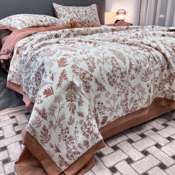 91家纺网 家纺一手货源 找家纺 慕尚 2025新款水洗棉麻夏被四件套 幸福花