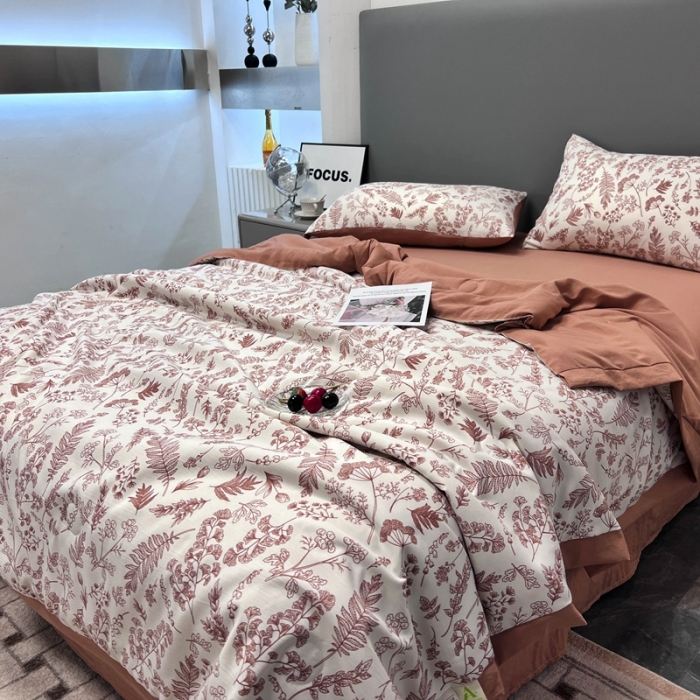 91家纺网 家纺一手货源 找家纺 慕尚 2025新款水洗棉麻夏被四件套 幸福花