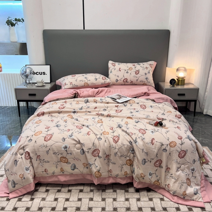 91家纺网 家纺一手货源 找家纺 慕尚 2025新款水洗棉麻夏被四件套 幸运花开