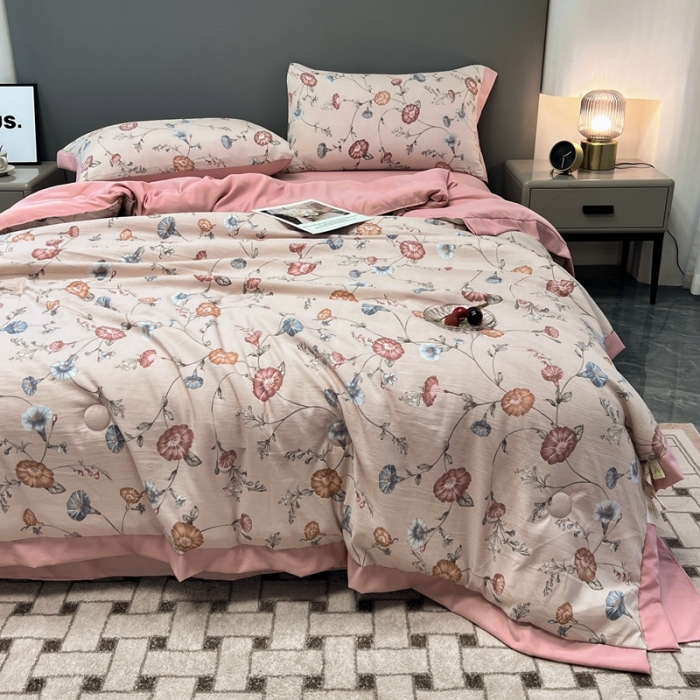 91家纺网 家纺一手货源 找家纺 慕尚 2025新款水洗棉麻夏被四件套 幸运花开