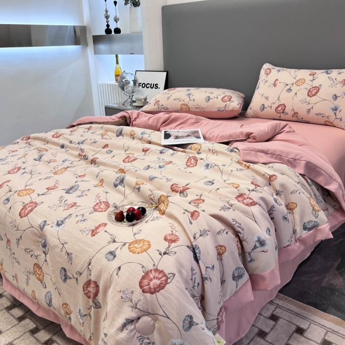 91家纺网 家纺一手货源 找家纺 慕尚 2025新款水洗棉麻夏被四件套 幸运花开