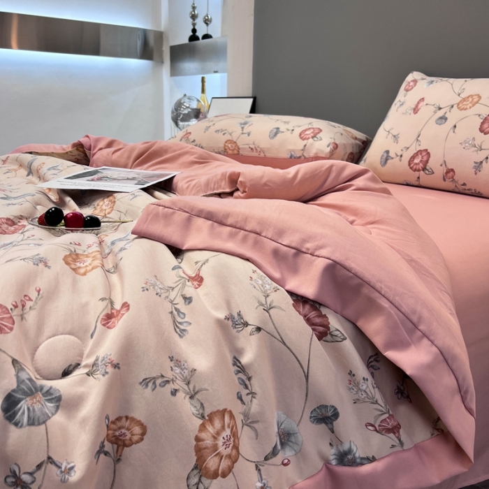 91家纺网 家纺一手货源 找家纺 慕尚 2025新款水洗棉麻夏被四件套 幸运花开