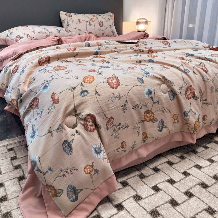 91家纺网 家纺一手货源 找家纺 慕尚 2025新款水洗棉麻夏被四件套 幸运花开