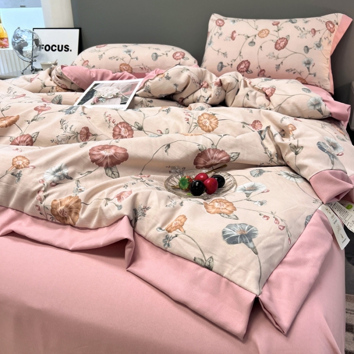 91家纺网 家纺一手货源 找家纺 慕尚 2025新款水洗棉麻夏被四件套 幸运花开