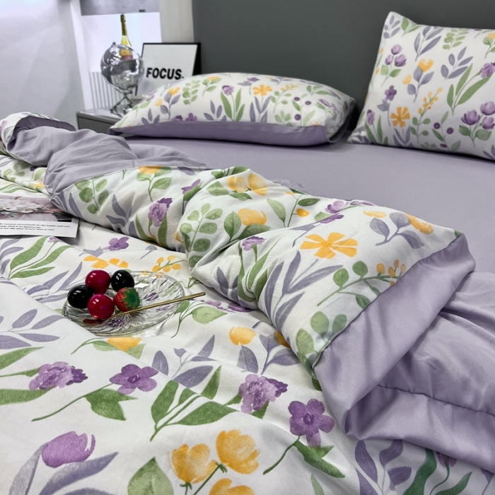 91家纺网 家纺一手货源 找家纺 慕尚 2025新款水洗棉麻夏被四件套 紫色浪漫