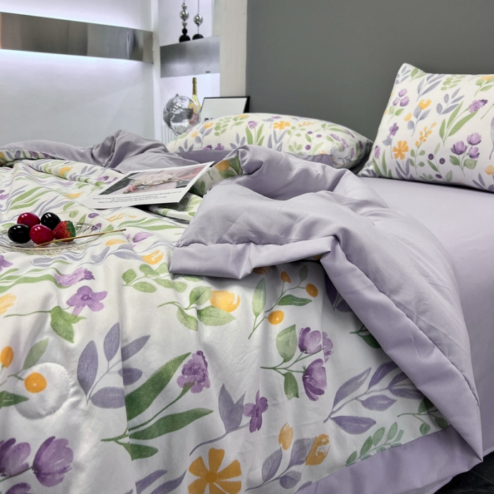 91家纺网 家纺一手货源 找家纺 慕尚 2025新款水洗棉麻夏被四件套 紫色浪漫