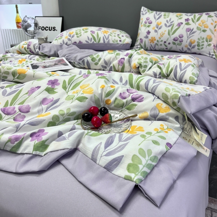 91家纺网 家纺一手货源 找家纺 慕尚 2025新款水洗棉麻夏被四件套 紫色浪漫