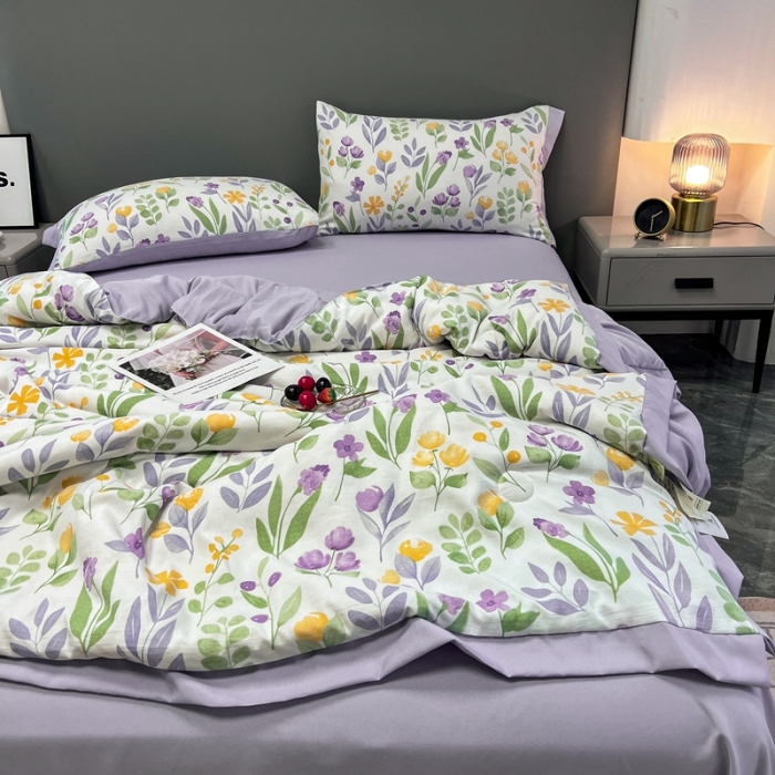 91家纺网 家纺一手货源 找家纺 慕尚 2025新款水洗棉麻夏被四件套 紫色浪漫