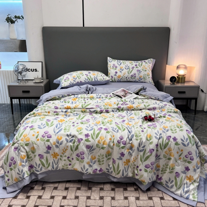 91家纺网 家纺一手货源 找家纺 慕尚 2025新款水洗棉麻夏被四件套 紫色浪漫