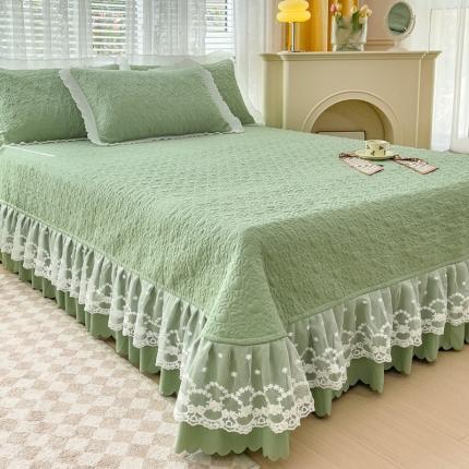 A类水洗棉麻双层纱蕾丝床盖四件套 多功能两用夏凉被夹棉被套全加棉套件 抹茶绿