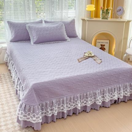 A类水洗棉麻双层纱蕾丝床盖四件套 多功能两用夏凉被夹棉被套全加棉套件 浪漫紫