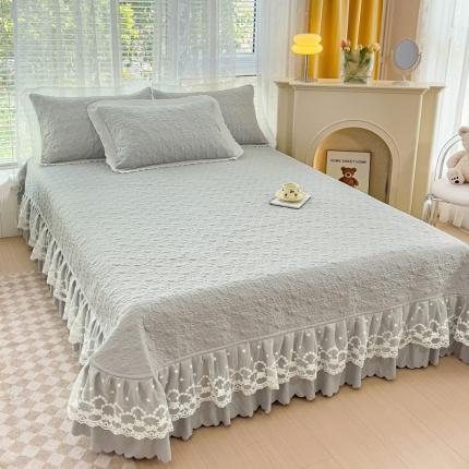 A类水洗棉麻双层纱蕾丝床盖四件套 多功能两用夏凉被夹棉被套全加棉套件 冰川灰