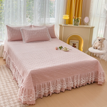 91家纺网 家纺一手货源 找家纺 A类水洗棉麻双层纱蕾丝床盖四件套 多功能两用夏凉被夹棉被套全加棉套件 天空蓝