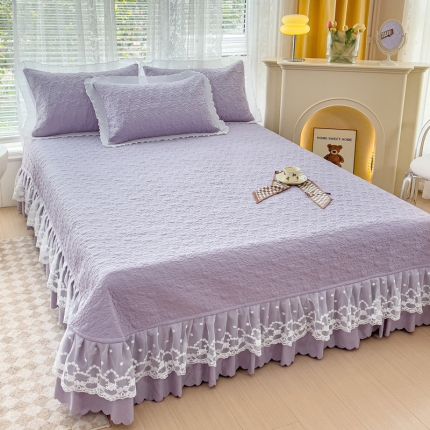 91家纺网 家纺一手货源 找家纺 A类水洗棉麻双层纱蕾丝床盖四件套 多功能两用夏凉被夹棉被套全加棉套件 天空蓝