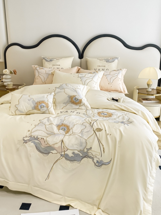 91家纺网 家纺一手货源 找家纺 品家居 2025新款长绒棉四件套-芬妮 奶油黄