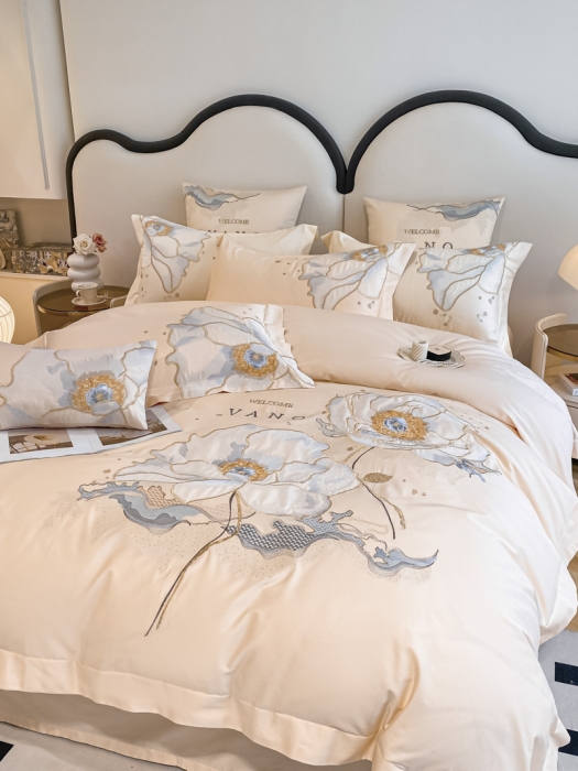 91家纺网 家纺一手货源 找家纺 品家居 2025新款长绒棉四件套-芬妮 灰调玉