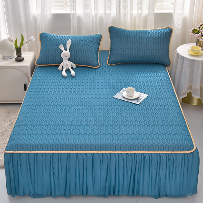 91家纺网 家纺一手货源 找家纺 诺梵家纺 2024新款0.5凉感丝乳胶凉席床裙款三件套 宾利蓝