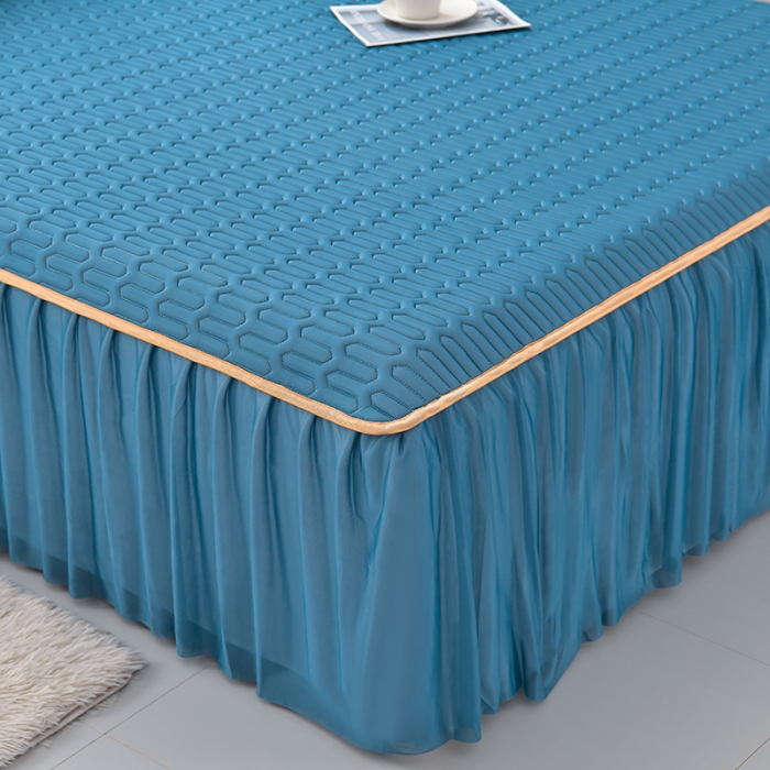 91家纺网 家纺一手货源 找家纺 诺梵家纺 2024新款0.5凉感丝乳胶凉席床裙款三件套 宾利蓝