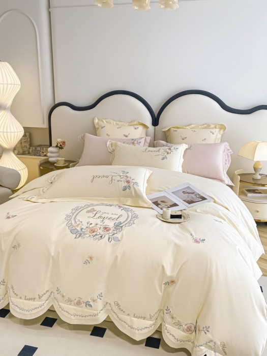 91家纺网 家纺一手货源 找家纺 品家居 2025新款长绒棉四件套-遇见你 遇见你-米白