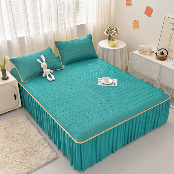 91家纺网 家纺一手货源 找家纺 诺梵家纺 2024新款0.5凉感丝乳胶凉席床裙款三件套 翡翠绿