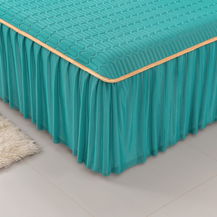 91家纺网 家纺一手货源 找家纺 诺梵家纺 2024新款0.5凉感丝乳胶凉席床裙款三件套 翡翠绿