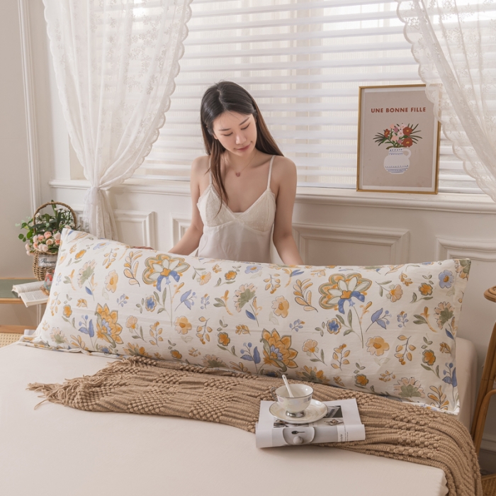 91家纺网 家纺一手货源 找家纺 梦舒羽 2025新款水洗棉麻单人枕头套亲肤双人枕套 太阳花