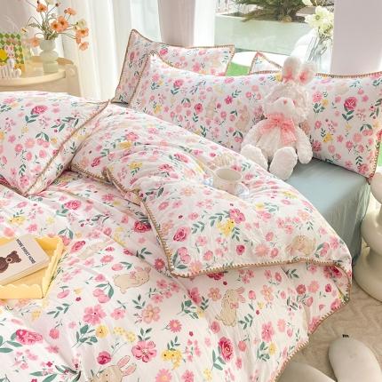 91家纺网 家纺一手货源 找家纺 秋艳家纺 2023新款直播电商爆款水洗棉麻双层纱贝壳边四件套 糖果雪山