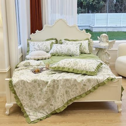 91家纺网 家纺一手货源 找家纺 梦莱斯 2023新款水洗棉麻印花夏被四件套 曼芮绿