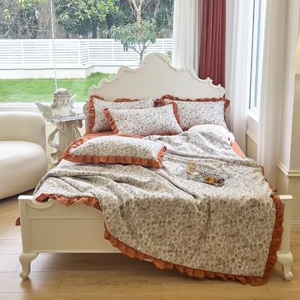 91家纺网 家纺一手货源 找家纺 梦莱斯 2023新款水洗棉麻印花夏被四件套 田野棕